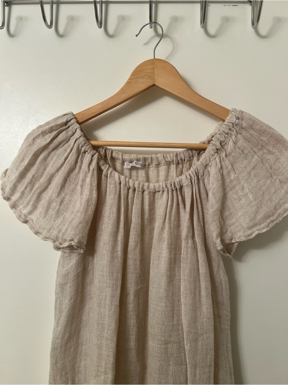 Zara Off‑Shoulder Gathered Linen Midi Dress – Beige, Size Small - Picture 5 of 7